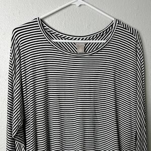 Chicos Striped Scoop Neck Top Women Medium Black White 3/4 Sleeve Hi Low